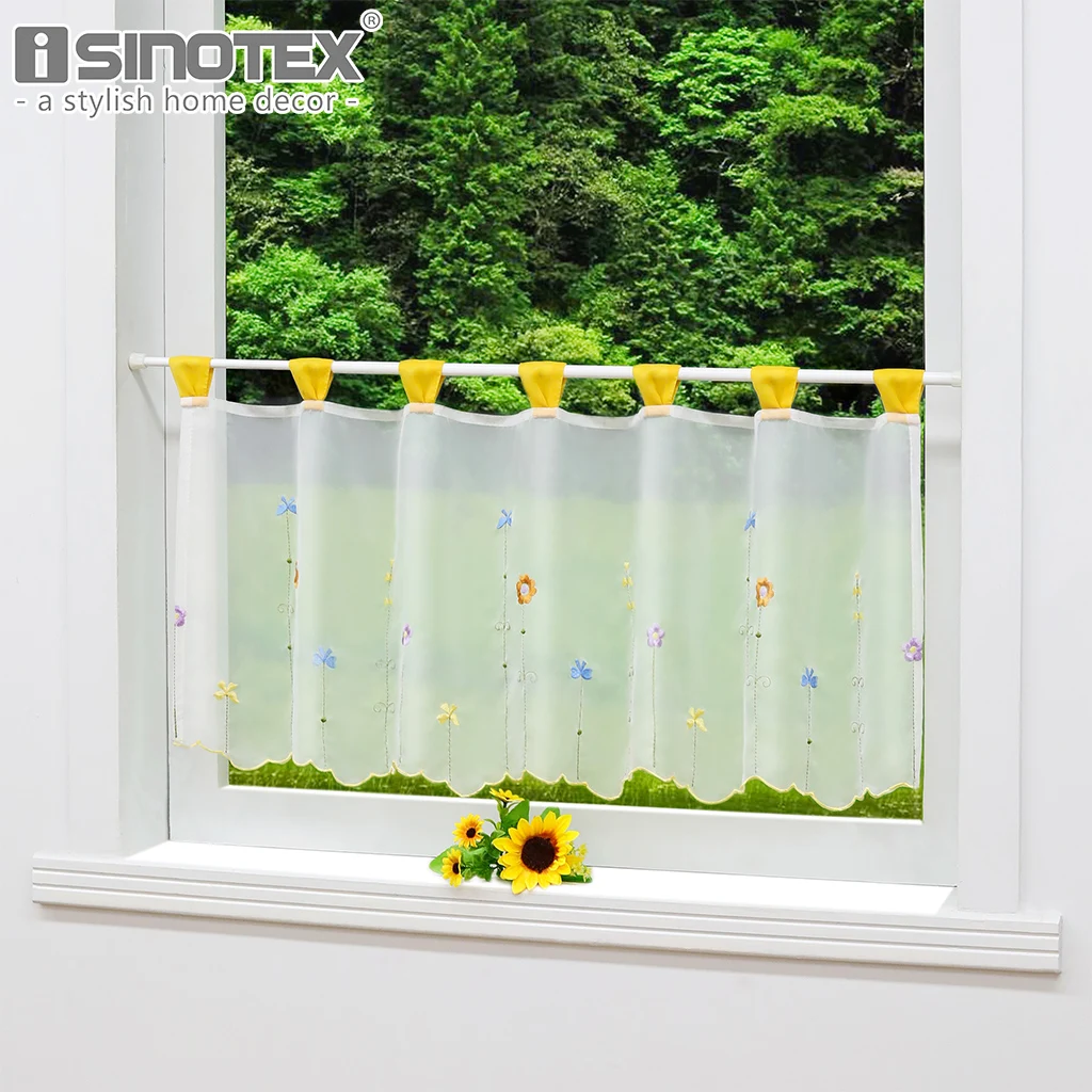 

Embroidered Fashion Orange Floral Kitchen Cafe Curtain Pastoral Style Tier Curtain Valance for Small Cafe Half Window Curtain