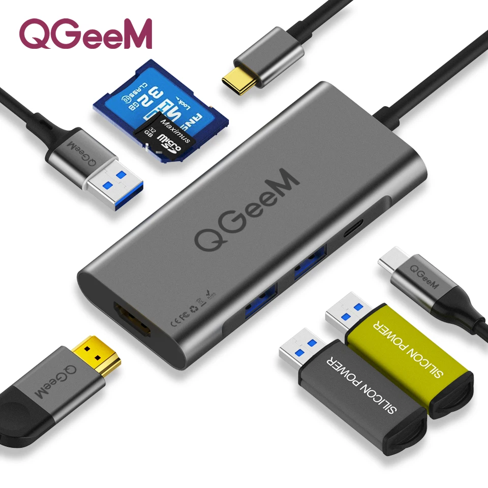 Цена QGeeM  font  b USB  b   font  C концентратор HDMI type C концентратор к Hdmi  font  b USB  b   font  3,0 Thunderbolt 3 кард ридер для Macbook 2018 mate20 P30 glaxy S9 S10  font  b USB  b   font  C концентратор