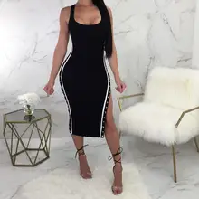 

2018 Fashion Stripe Dress Summer Buttoms Round Neck Sleeveless Casual Streetwear Sundress Bodycons Both Side Hih Splgit WS7493
