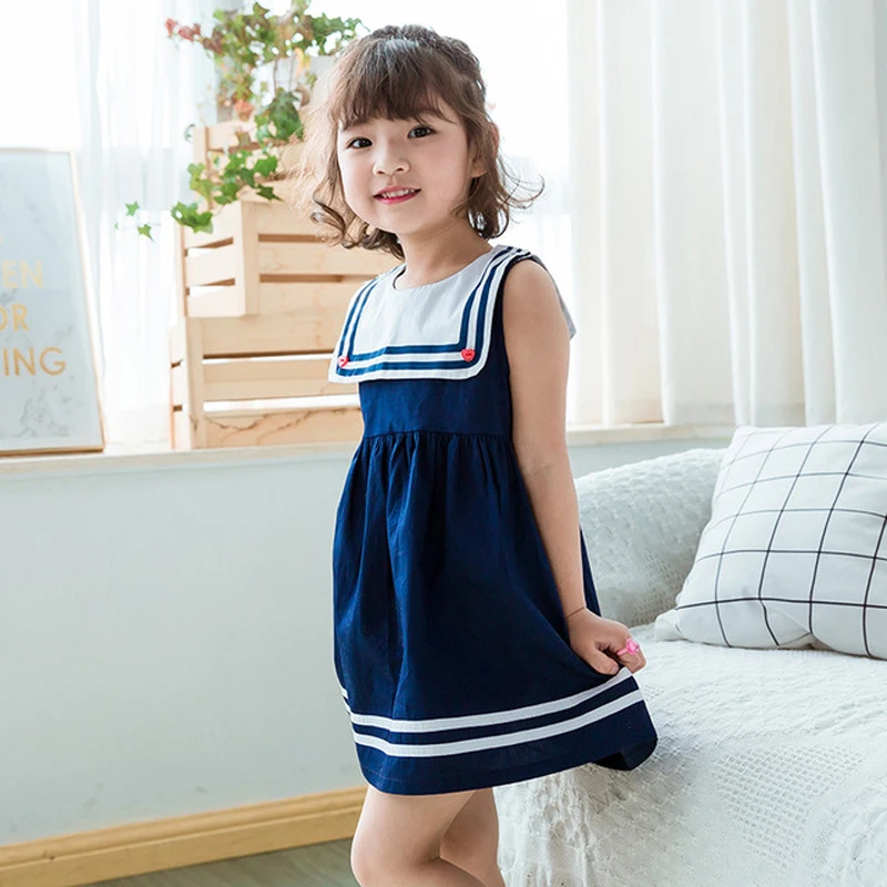 

1-7Y Summer Cute Sleeveleeve Sailor Collar Kids Navy Blue Girls Dress 2019 fashion Baby Girls Princess Dress Vestido LZ140