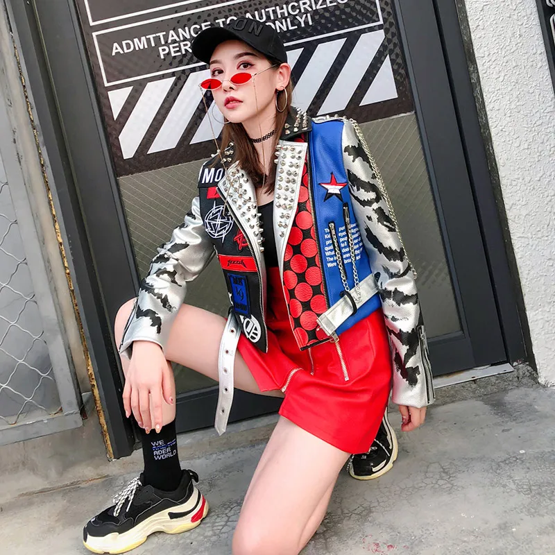 TREND-Setter 2018 Autumn Fashion Rivet Leather Jacket Women Spring Punk Style Letter Printing Chains Jacket and Coat TREND-Setter 2018 Autumn Fashion Rivet Leather Jacket Women Spring Punk Style Letter Printing Chains Jacket and Coat