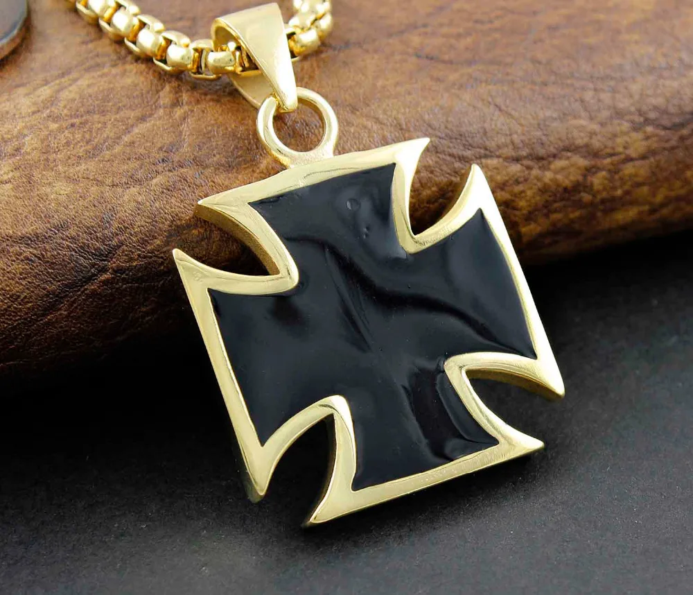 Gold Black German iron cross pendant Men's Biker Necklace Jewelry