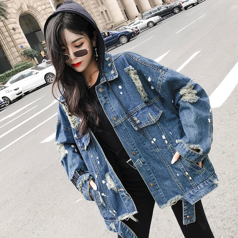 Manteaux Femmes Style Printemps Sequin De Mode Patch Veste Arrivée Déchiré Longues Nouvelle Trou 2019 Denim Rue Manches Blue Base Jean À Bf 7Sxw4wq