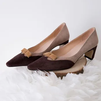 

MLJUESE 2019 women pumps Soft Kid Suede autumn bow-tied pigskin inside mixed colors pointed toe high heels shoes party dress
