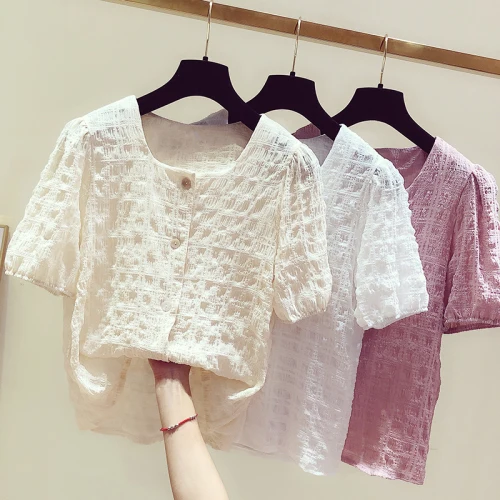 

New Fashion Female Chiffon Blouse Shirt Lady Solid Color Short Sleeve Wrinkled Fabric Womens Shirts Korean Fashion Woman Shirts