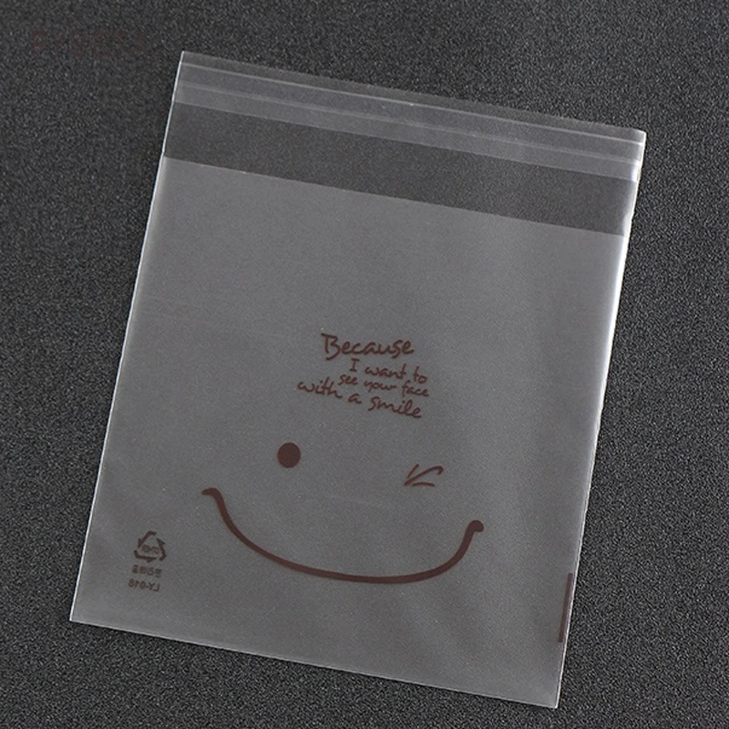 200pcs- 14*14cm+3cm Lovely Frosted Smiley Face Cookie Bag Plastic Self-adhesive Pouch Biscuits Candy Sample Gift Packaging Bags