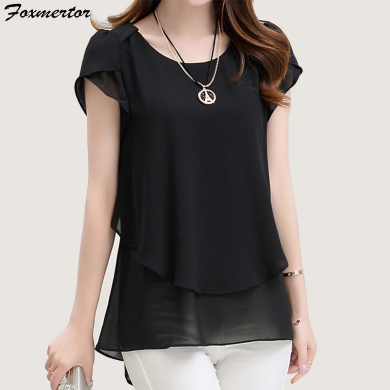 

Foxmertor Women's Blouse Shirt 2019 Short Sleeve Plus Size 5XL Chiffon Blouse O Neck Solid Loose Female Blusas Feminina Top F108
