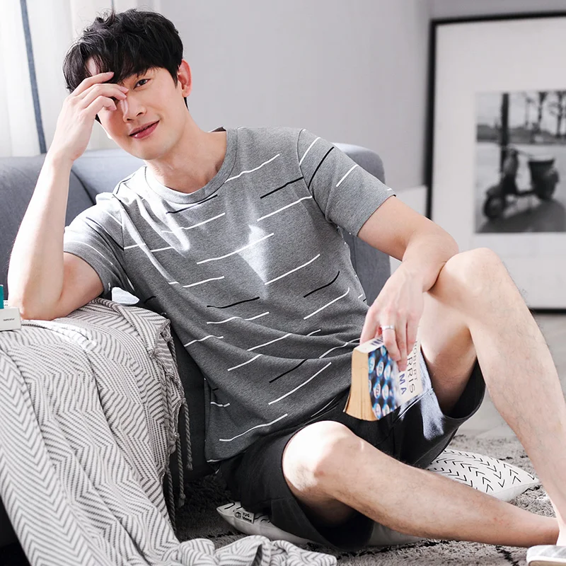 

Summer Casual Gray Sleepwear Mens Cotton Brief Pajamas Sexy Pajama Sets Short Sleeve Tops And Shorts Soft Lounge Set
