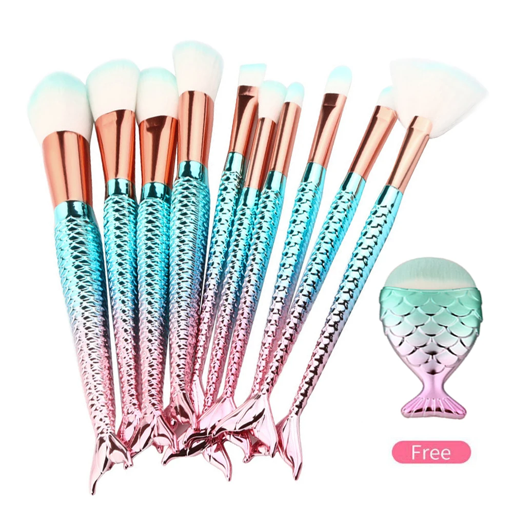 10pcs Mermaid Makeup Brushes Set Big Foundation Powder Contour Base
