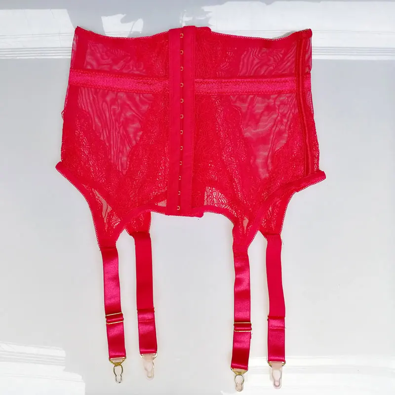Sexy Garters Red Lace Flower Women Sexy Suspender Belts High Waist Wide Strap Metal Buckles Garter Belt for Stockings GA1145