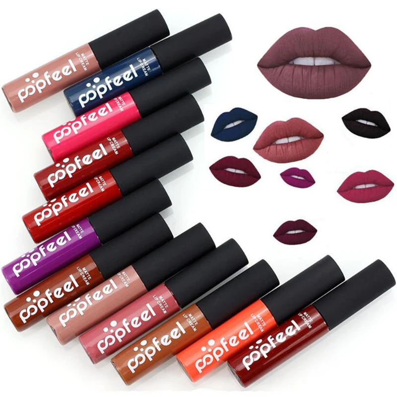 Brand Popfeel 12 Color Liquid Lip Gloss Makeup Waterproof batom Tint Red Velvet Matte Lipstick lips tattoo |