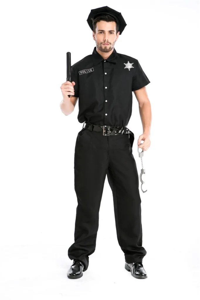 

Adult Men New Police Uniform Jumpsuit Cosplay Costumes Halloween Stage Perdormance Cop Policeman Clothes With Spontoon Handcuffs