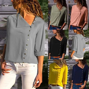 

Women's fashion nine-color button irregular oblique collar long-sleeved blouse shirt