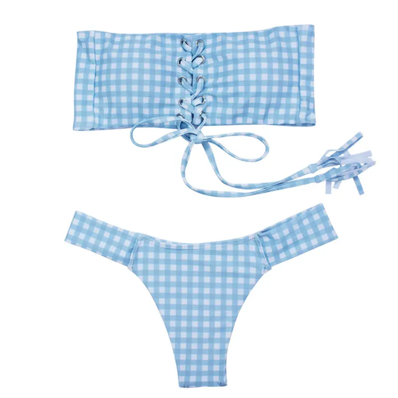 WTCandy New Print Plaid Bandage Bikini String Bandeau Swimsuit Women Sexy Thong Swimwear Bather Biquini May Micro Bathing Suit |