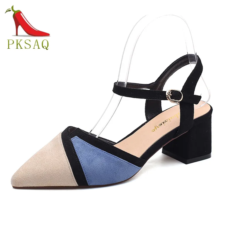 

Mid-heeled Sandals Female 2019 Spring And Summer New Fashion Retro Pointed Toe Cap Shallow Mouth Color High Heel Sandals Casual