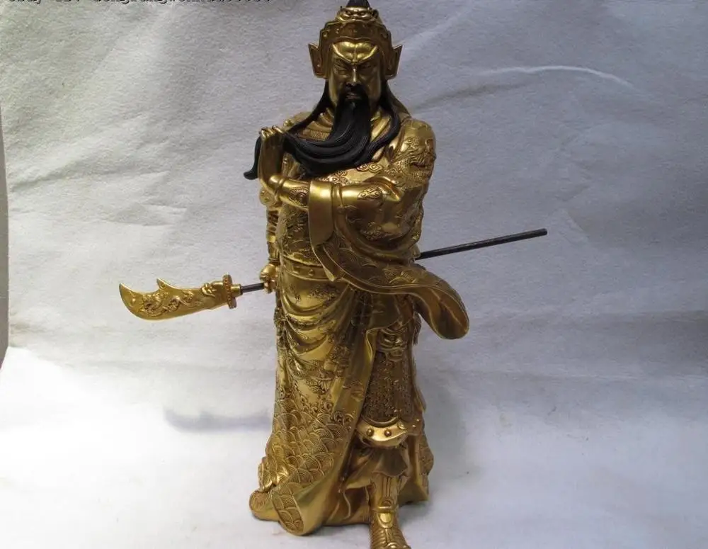 Китай Фиолетовый Бронзовый 24K золотой Guan Gong Yu воин держать дракона меч статуя |