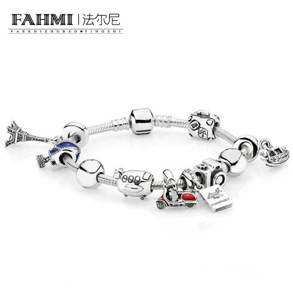 

FAHMI 100% 925 Sterling Silver Round The World Bracelet Set Hot Air Balloon Camera Aircraft Charm Stringing Bracelet Set