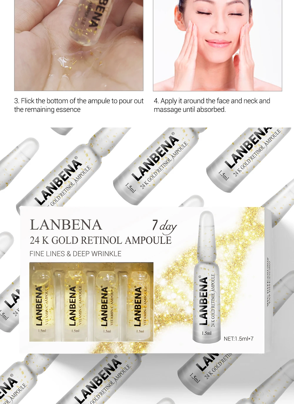 LANBENA 24 K золото Retinol ампулы лицо сыворотка анти-старения морщин лифтинг, укрепление удалить тонкие линии увлажняющий, питательный сущность