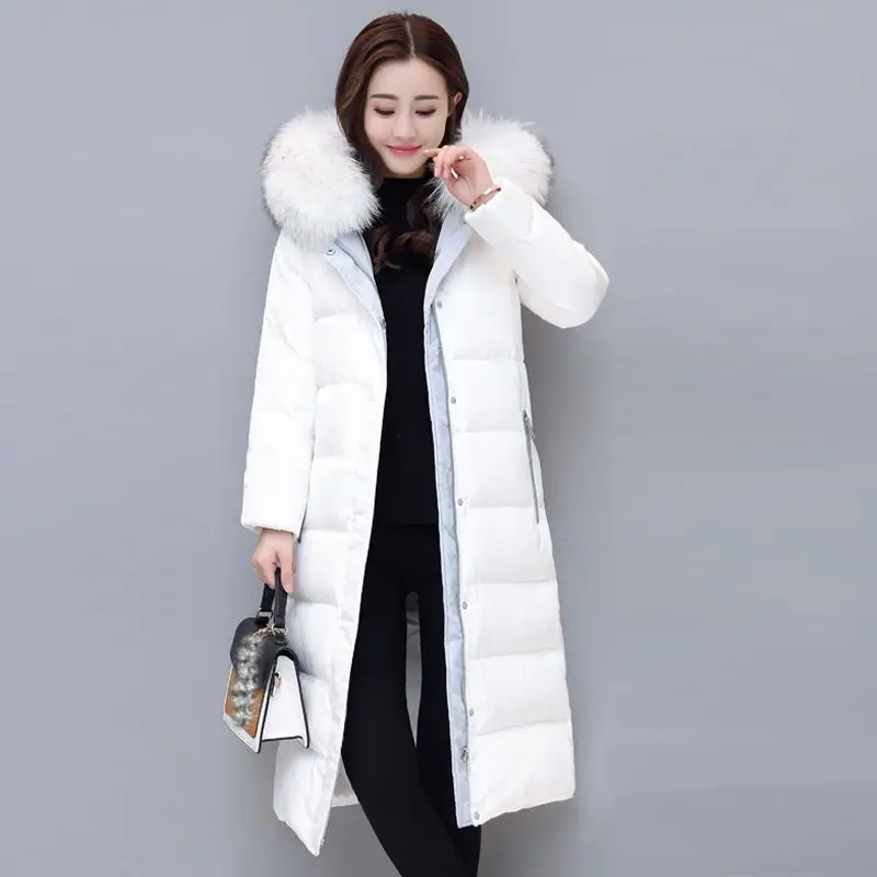 Зимние длинные пуховики зимние пуховые пальто для девочек женские Белые парки на утином пуху верхняя одежда с капюшоном и меховым воротником размера плюс QH0848 - Цвет: Белый