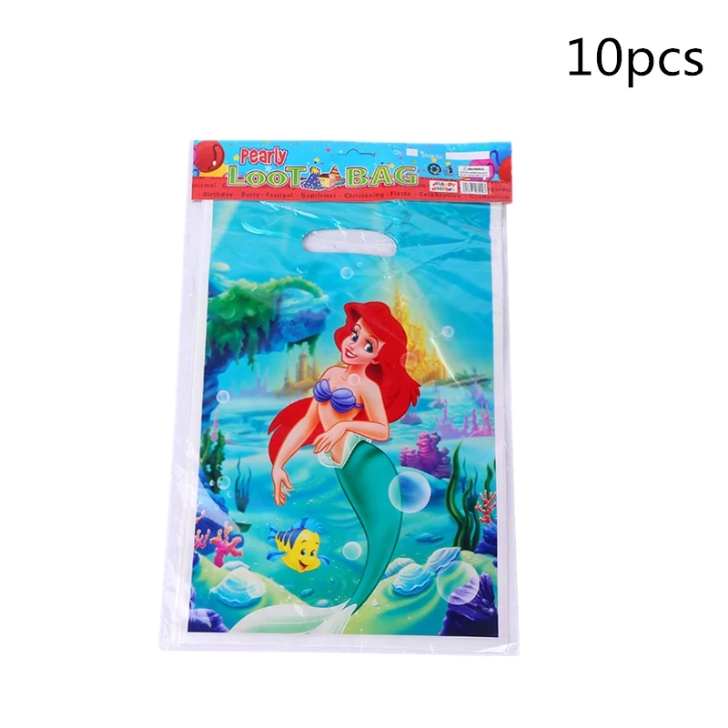 Loot Bags 10pcs Красивые вечерние латексные воздушные шары для девочек в стиле Русалочки Ариэль на день рождения, бумажные салфетки в шляпу, скатерть, подарок на день рождения - Цвет: Loot Bags 10pcs
