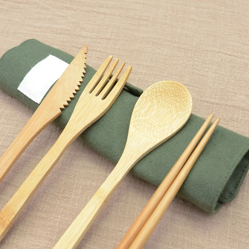 Многоразовый бамбуковый набор столовых приборов походная посуда деревянные столовые приборы вилка ложка нож набор со столовыми принадлежностями сумка для путешествий набор посуды