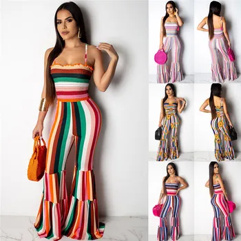 

Hot Women Striped Strap Bodycon High Waist Romper Wide Leg Pants Clubwear Bardot Playsuit Bodycon Party Jumpsuit Romper Trousers