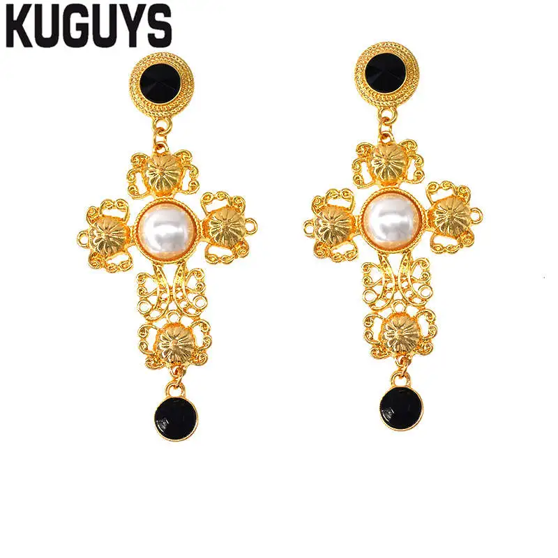 

KUGUYS Vintage Gold Flowery Cross Large Earrings for Womens Trendy Jewelry Hyperbole Pearl Drop Earring Party Accessories Gift