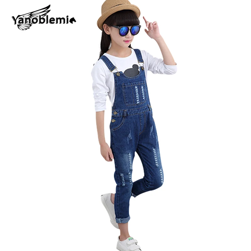 

2-12Y Brand Girls Denim Jumpsuit Button Pocket Solid Overalls Cotton Hole Ripped Straight Trousers Spring Autumn Girl Bib Jeans
