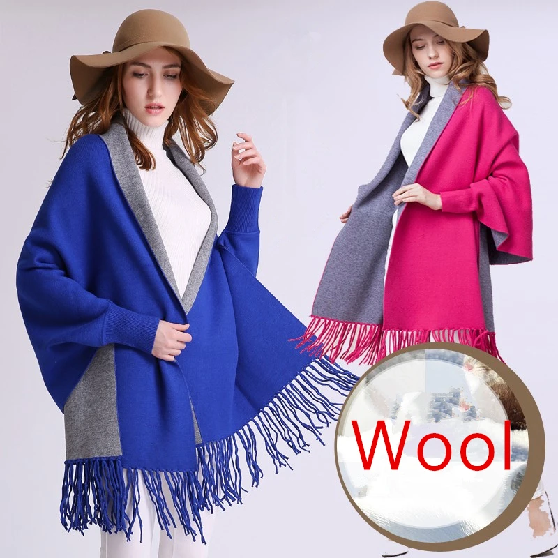 

2019 Autumn New Women's Elegant Socialite Cashmere Tassel Cardigan Sweaters Batwing Sleeve Scarf Cape Outwear Poncho Top Quality