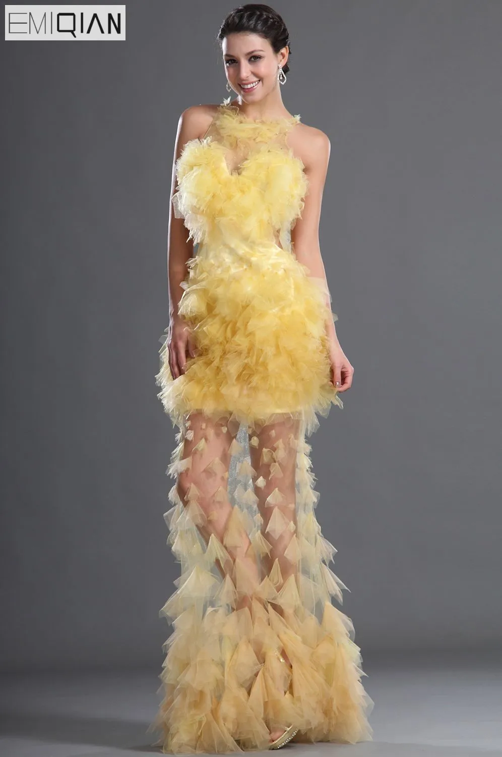 

Free Shipping New Arrival Sheath Sexy Yellow Tulle Evening Dress