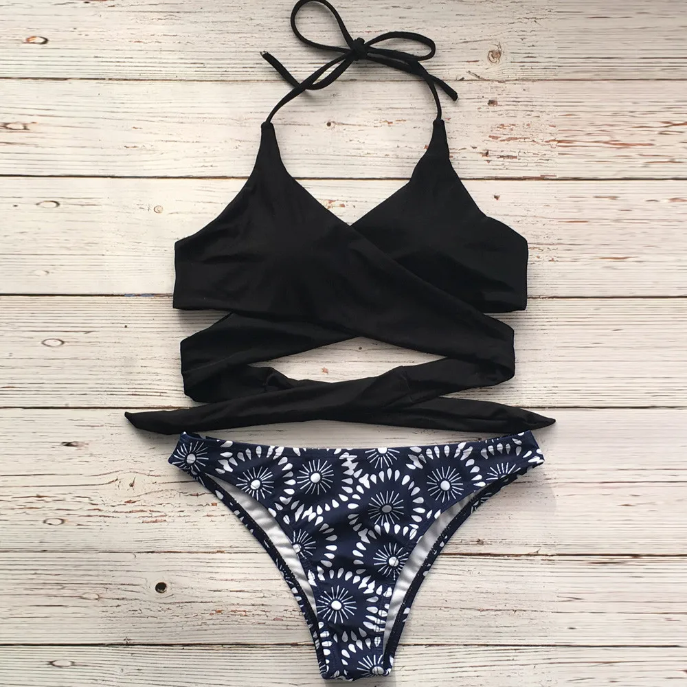 

Women Cross Strap Padded Bra Retro Printed Split Bikini Swimwear Bathing Beachwear Swimsuit Female Maillot Biquini Bather Plavky