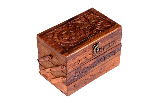 

Hand-carved wooden jewelry box wood crafts Pakistan