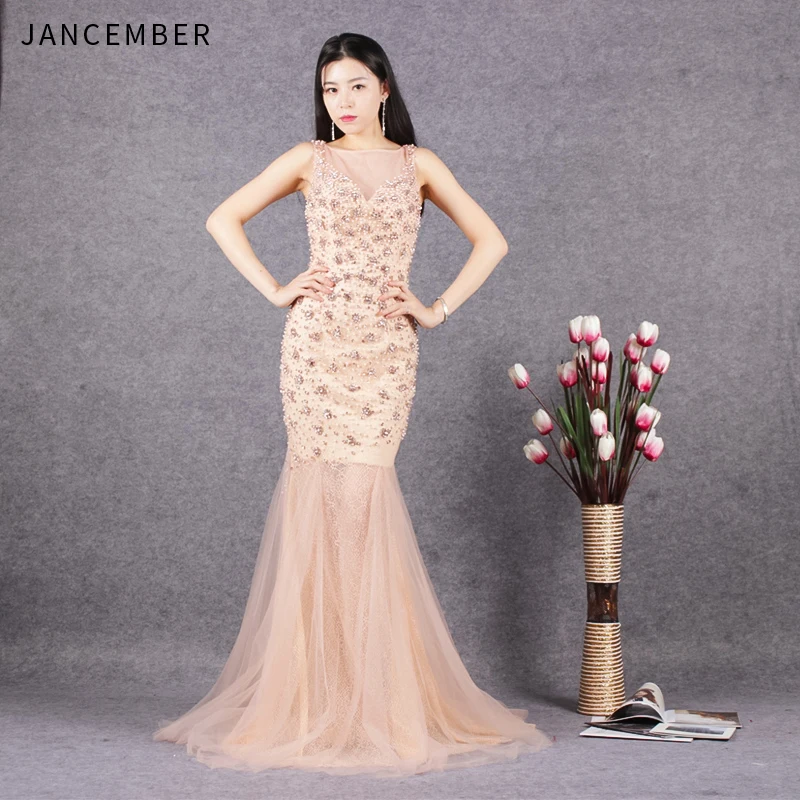 JANCEMBER Роскошные vestido longo festa с кристаллами и жемчугом без рукавов круглым вырезом