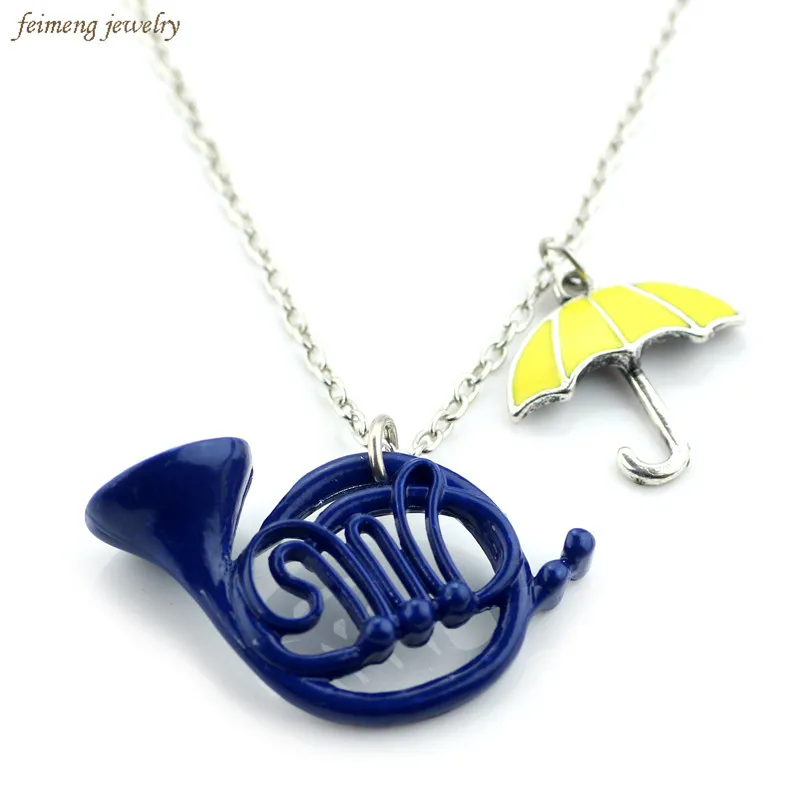 

Fashion How I Met Your Mother Blue French Horn Yellow Umbrella Necklace Pendant with Silver Chain Necklace for Men and Women