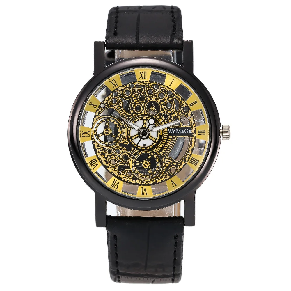 

Womage Brand Fashion Golden hollow watch Luxury Casual steel Men's Watch Business Imitate Mechanical Watch Male clock relogio