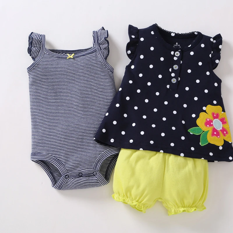 Sleeveless Tops+O-Neck Bodysuit+Shorts Dot For Baby Girl Outfit Summer 2021 Newborn Clothes Set Infant Clothing Suit Pink Cotton Baby Clothing Set