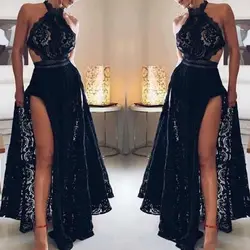 Элегантный Холтер шеи сексуальные платья для выпускного вечера чёрные кружевные аппликации высокой стороне вечернее платье с разрезом