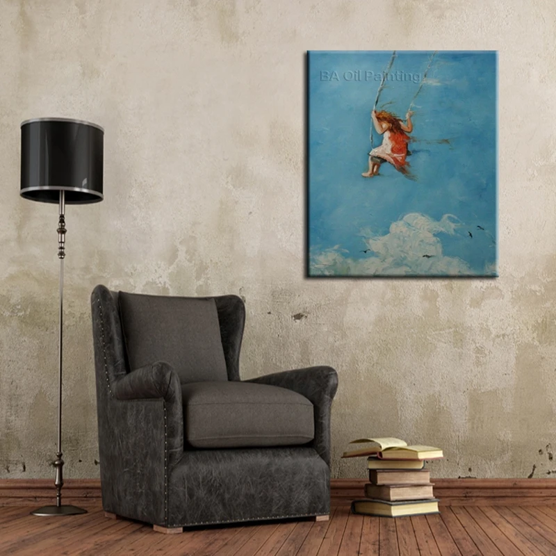 

2015 New Design HandPainted Kids Playing the Swing In Sky Landscape Oil Painting On Canvas For Living Room Wall Art Decoration