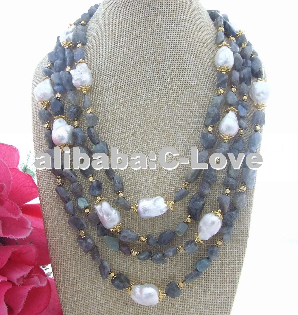 

Women's 22MM White Keshi Pearl&Labradorite Necklace