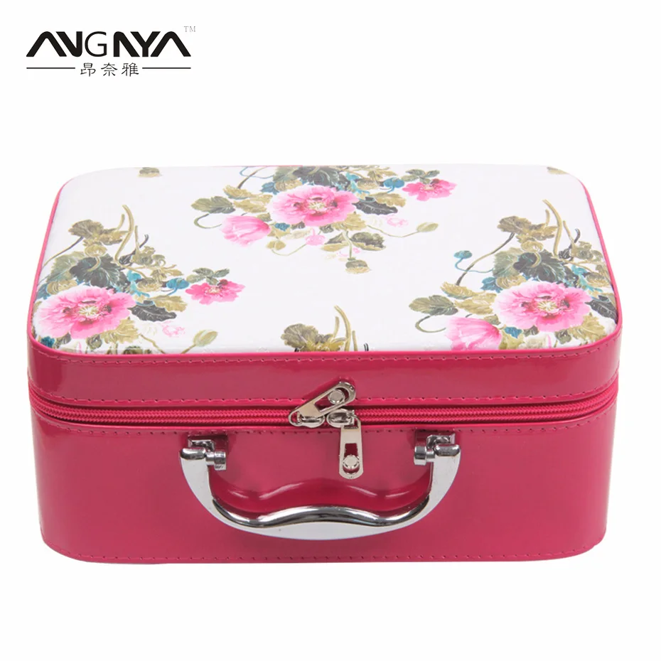 3Pcs/Set ANGNYA Flower Printed PU Leather Cosmetic Bag Travel Organizer Makeup Box Wash Toiletry Case For Women Color Red