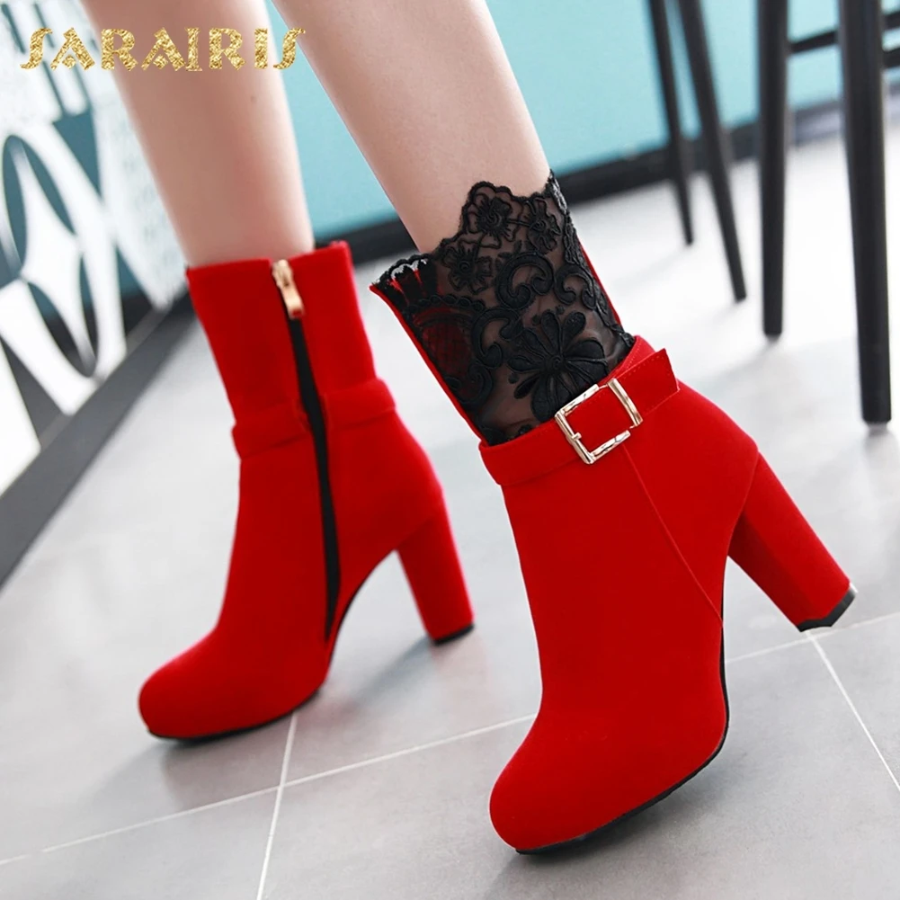 

SARAIRIS 2018 Large Size 31-43 Elegant Chunky High Heels Add Fur Warm Winter Boots Woman Shoes Zip Up Ankle Boots Shoes Woman