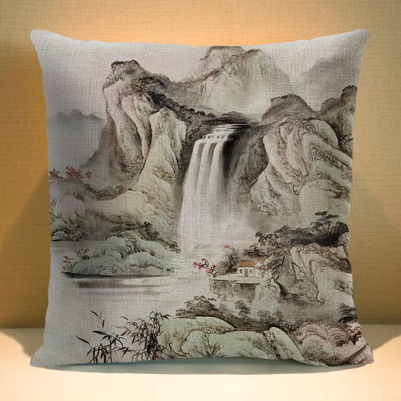 الصينية الحبر الخلابة كيس وسادة الكتان 45*45 cm غطاء وسادة مربع الشكل ل أريكة المنزل الزخرفية زهور مطبوعة رمي المخدة