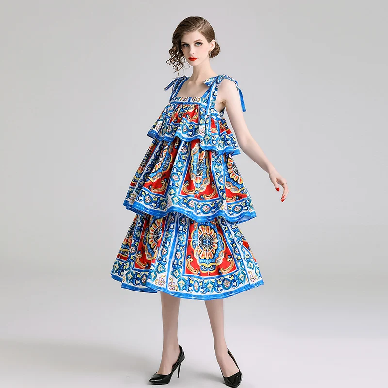 

Summer Casual Women Bow Tiered Ruffle Slash neck Long Dress Spaghetti Strap Flower Print Pattern Beach Dress