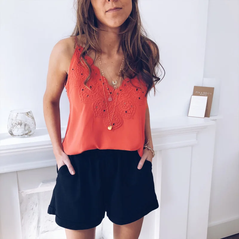 

Cropped Polyester Spandex Chiffon Camis Embroidery Oodji Tops Hot Explosive Sexy Strap Features Embroidered Comfort
