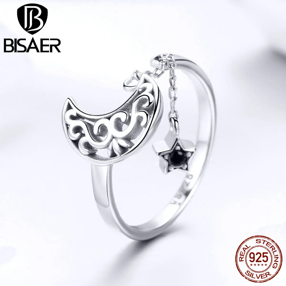 

BISAER Hot Sale 925 Sterling Silver Black Zircon Moon Star Finger Ring Long Chain Star Rings for Women Anel Jewelry ECR479