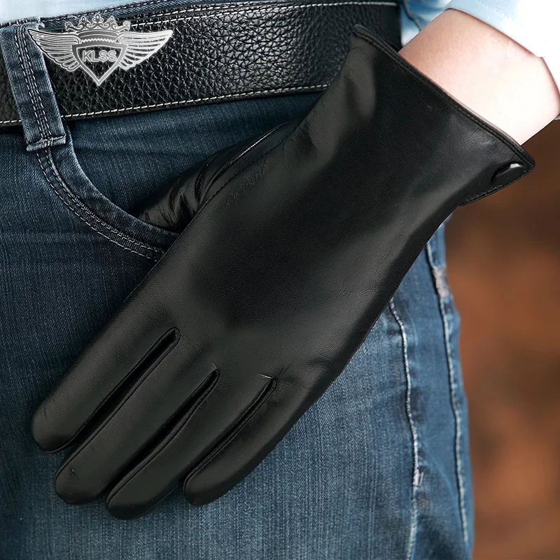 KLSS Брендовые мужские перчатки из натуральной кожи, высококачественные перчатки из козьей кожи, модные трендовые черные перчатки для вождения, зимние Бархатные 08-1