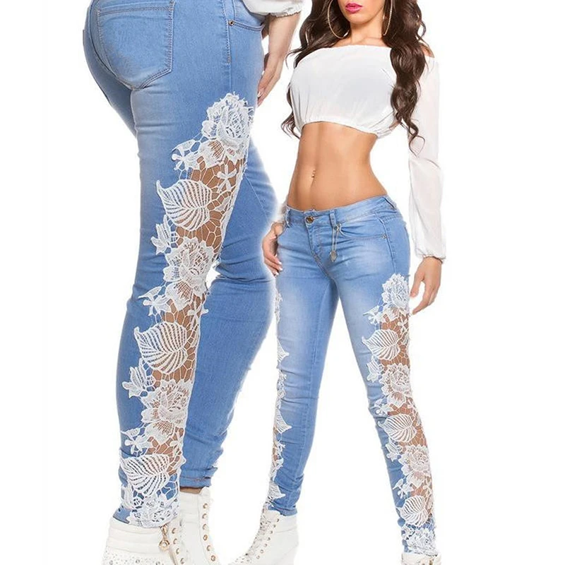 

Ladies Hollow Out Lace Mid Waist Jeans Jeans Pencil Denim Skinny Casual Women's Denim Pencil Pants Sexy Solid Jeans Pants