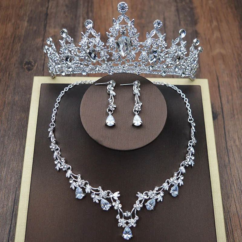 Design de moda de Cristal de Noiva 3 PCS Clipe Colar Brincos Tiaras Coroas Nupciais Do Casamento Conjunto de Jóias Acessórios Para Mulheres (6)