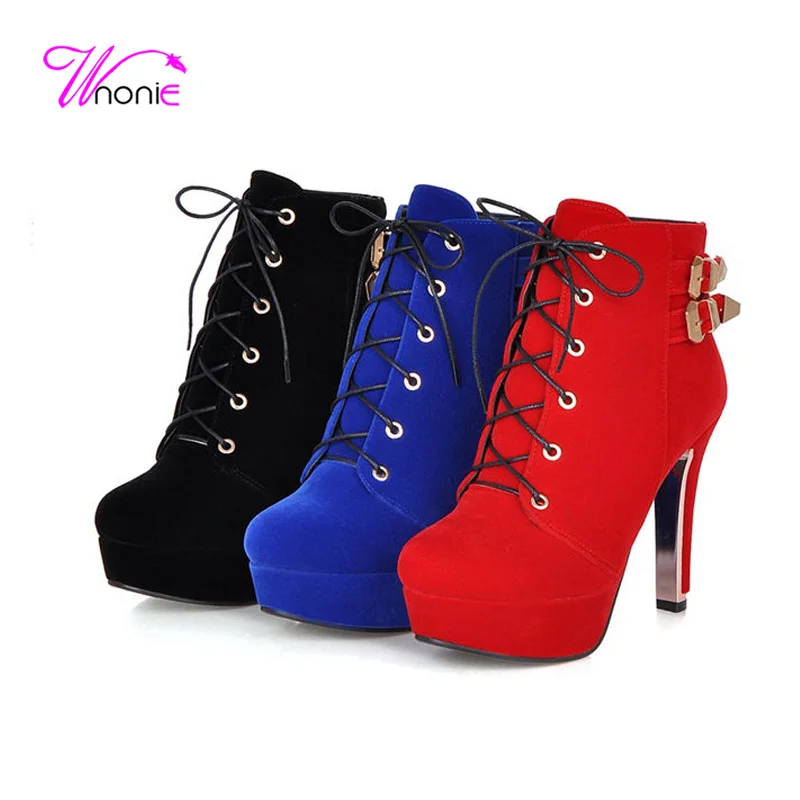 

2017 Fashion Womens Ankle Boots Short Boot Thick High Heel Flock Lace-up Fabric Hair Autumn Party Dress Winter Ladies Shoes