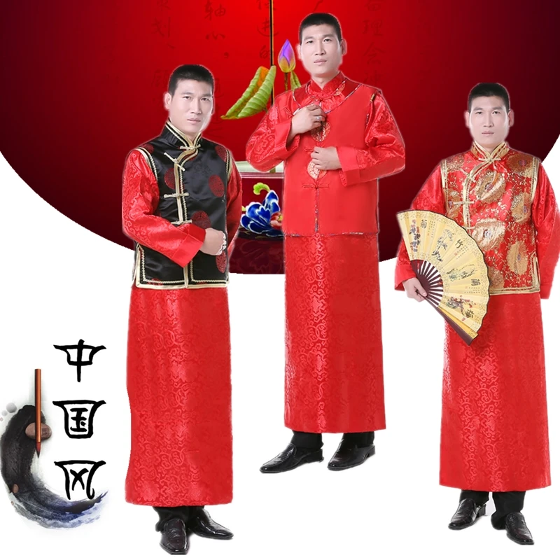 Для мужчин китайский Стиль древних костюм жениха Туника красное платье длинный халат платье Традиционный китайский свадебное платье Тан
